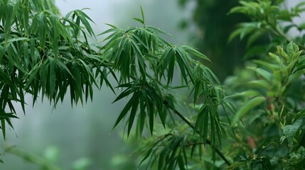 Naklejka premium Green bamboo leaves glisten with raindrops against a soft blurred forest background evoking a tranquil natural atmosphere