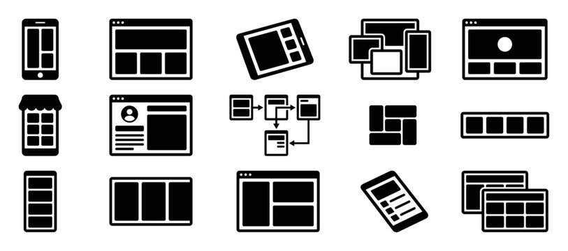 Collection of black glyph icons representing website layout, user interface design, responsive web development, and mobile application wireframes in a clean, minimalist vector style