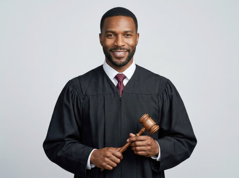 Male judge in black robe holding wooden gavel in studio
