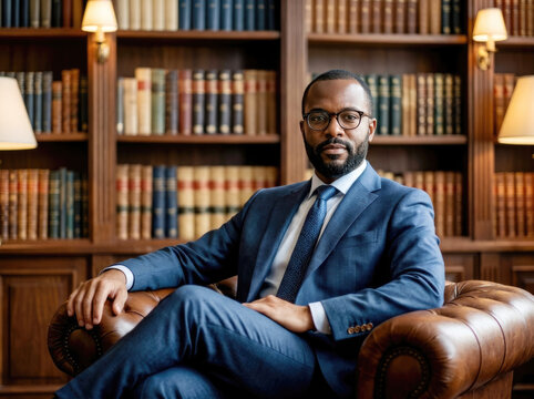 Black male attorney wearing glasses sitting in classic library office