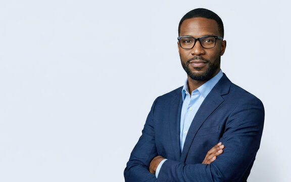 Confident black male lawyer wearing glasses with arms crossed