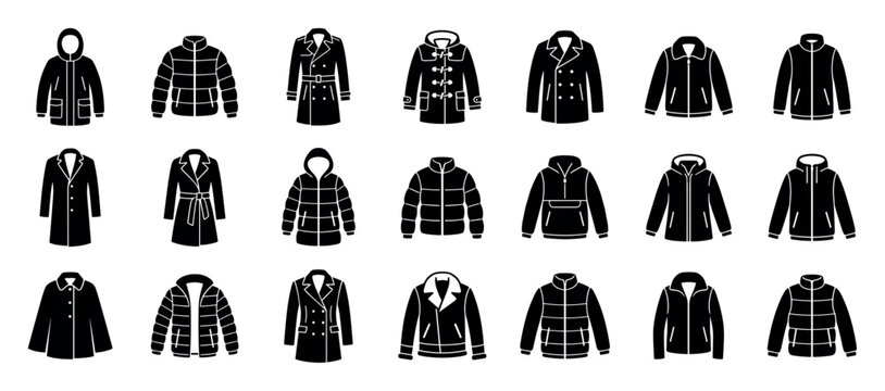 Collection of black winter coat icons featuring various styles like parkas, puffers, trench, and duffle coats in a minimalist glyph set for fashion or apparel design