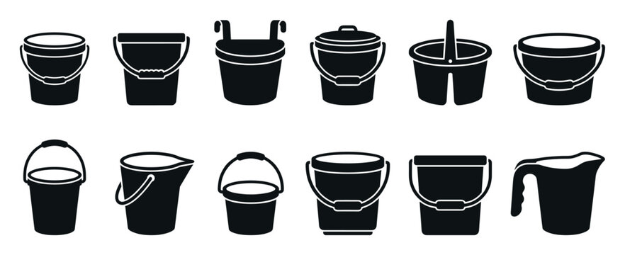 Set of black bucket and pail icons showing various designs for cleaning, gardening, and household chores in a simple graphic silhouette style collection