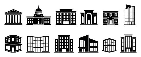 Fototapeta premium Set of black building icons showcasing various architectural styles from classical government structures to modern office skyscrapers in a flat vector silhouette design collection