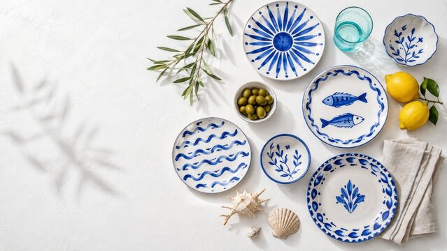 Greek isle aesthetic with ceramic plates, lemons, and olives on white background