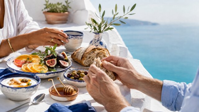 Greek Isle aesthetic breakfast spread with fresh fruits and bread on outdoor terrace