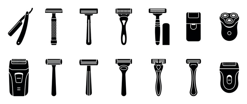 Collection of black shaving razor and electric shaver icons shows various models including straight, safety, disposable, foil, and rotary types in a minimalist vector style set
