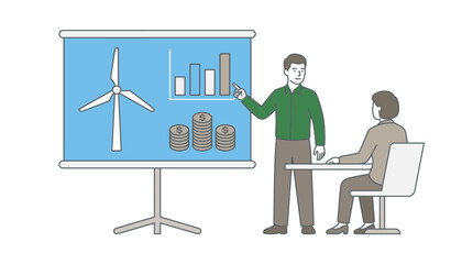 Fototapeta premium Green Energy Entrepreneur Presenting Wind Turbine Project Proposal Illustration