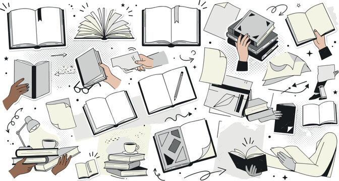 Open book and reading education element set with student hand holding notebook vectorOpen book and reading education element set with student hand holding notebook vector