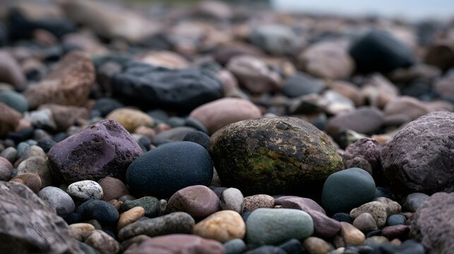 A close up view of smooth  multicolored river stones with natural textures and soft atmospheric depth