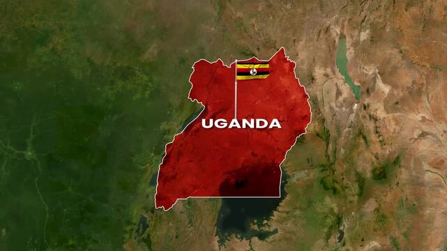 Uganda country map with waving national flag digital motion footage