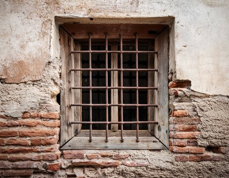 barred window in old crumbling brick and plaster wall with rustic vintage texture