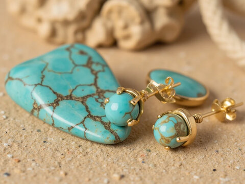 turquoise heart stone earrings with gold accents on textured beach sand, close up jewelry set with seashells