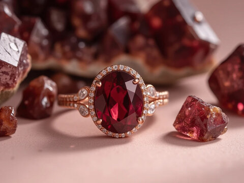 close up photo of oval ruby ring with diamond halo in gold band, deep red gemstones and sparkling diamonds, luxurious jewelry