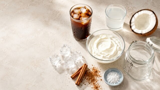 Coffee and yogurt ingredients with cinnamon and coconut on table for culinary background