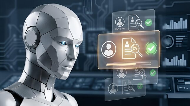 Artificial intelligence robot reviewing digital job applicant resumes using advanced holographic interface screens in a dark futuristic computer laboratory setting