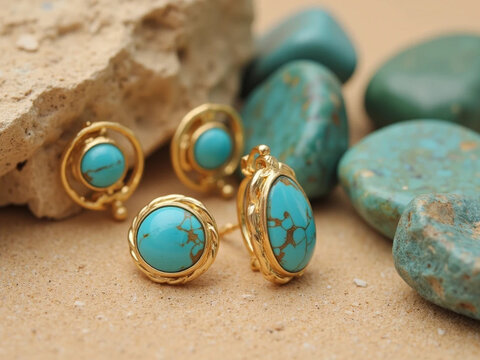 gold-toned turquoise earrings set with oval and teardrop stones, natural rocky surface, close-up photo, polished