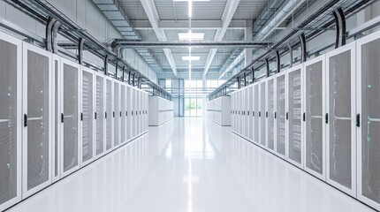 Obraz premium Data Hall Interior Aisle Between Perforated Door Racks Leading to a Glass Wall With Greenery in an Airy White Facility