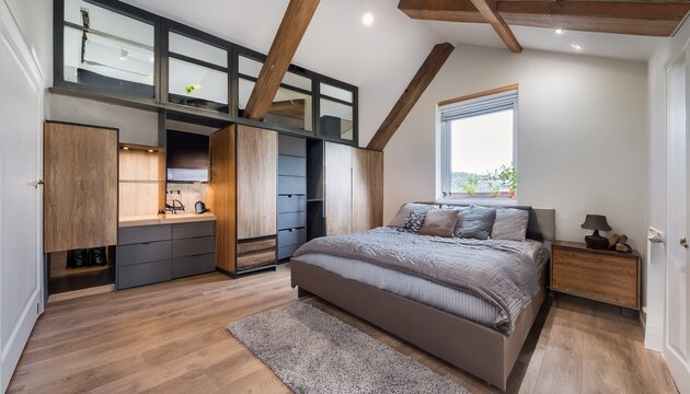 modern loft bedroom conversion with custom fitted wardrobe under sloped ceiling