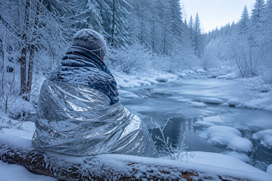 Person in emergency blanket sitting on snowy log by frozen stream, hypothermia and winter survival concept