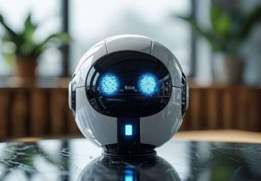 Futuristic Spherical Robot with Glowing Blue Eyes