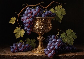 Fototapeta premium Still Life Painting of Grapes and Golden Chalice on Dark Background