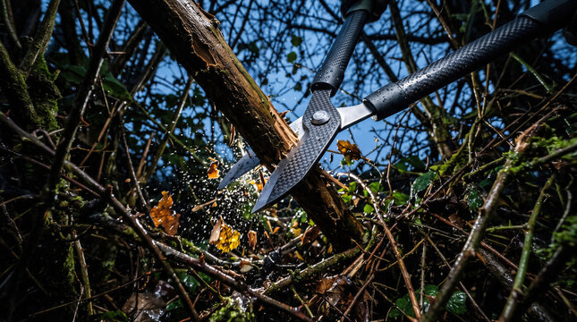 Heavy-duty pruning shears for trimming woody branches in the garden; professional gardening tools for cutting and pruning.