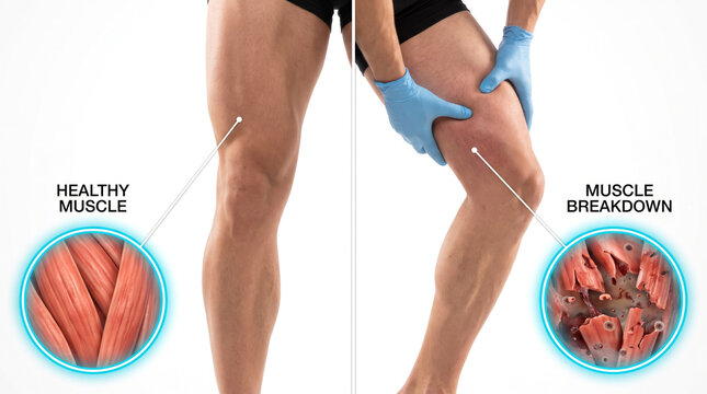 Muscle atrophy comparison healthy muscle and muscle breakdown, skeletal muscle loss concept showing weakened leg muscles and physical decline