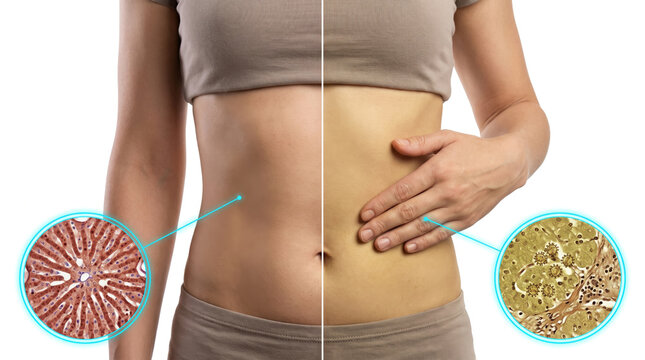 Gut microbiome digestive health concept, healthy intestinal flora and harmful bacteria comparison for gastrointestinal wellness and medical education