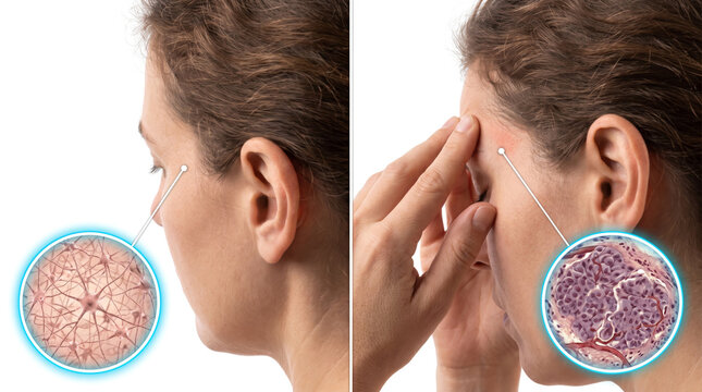 Facial skin condition, dermatology medical concept showing normal and affected skin tissue comparison with close up microscopic details