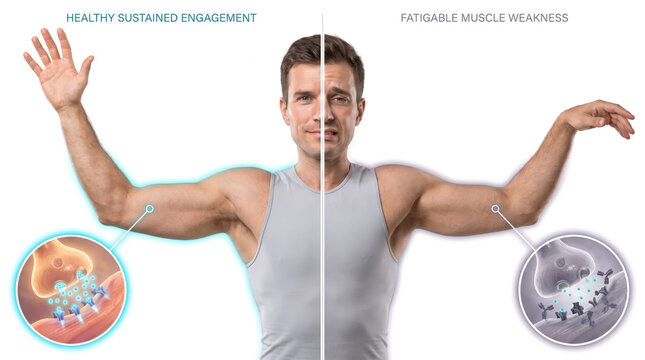 Muscle Weakness Muscle Atrophy Muscle Degeneration, medical illustration comparing healthy muscle tissue with progressive muscle damage