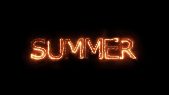 Summer text glowing with fire effect on black background animation dynamic flaming letters shimmering in dark space cinematic motion graphics video.