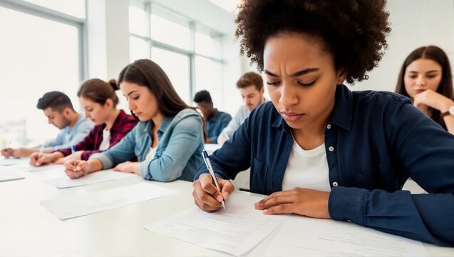 Young African American female student concentrating on writing exam in university classroom. Diverse group of students taking final test. Higher education and academic pressure