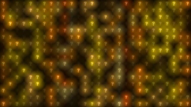 Abstract background featuring many glowing gold question mark icons and bokeh lights