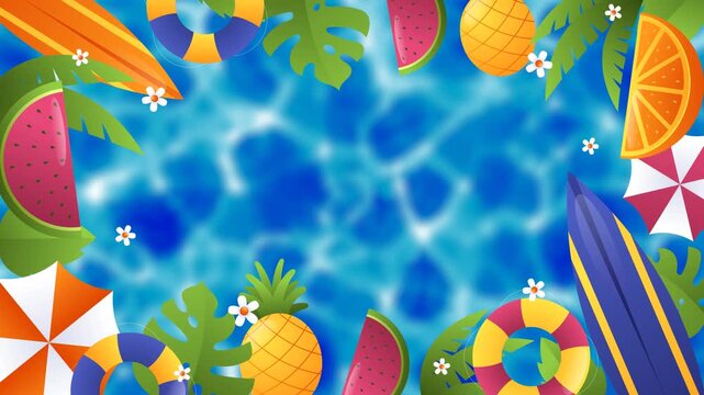 Summer Vacation Frame Background with Tropical Fruits, Surfboards, and Water Pool. Animated Summer Party Frame with Watermelon, Pineapple, Lifebuoy, and Blue Water
