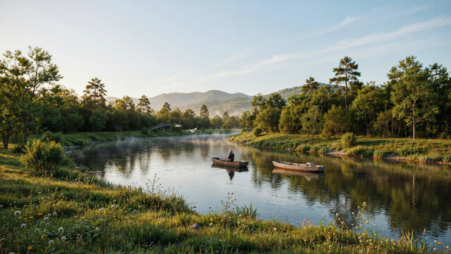 Serene river landscape with calm water reflecting lush green trees and clear