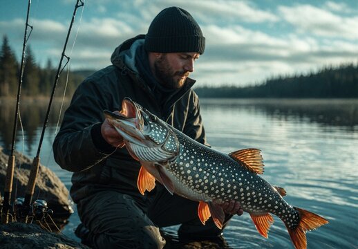 Man holding large speckled trout fish at lake during sunset