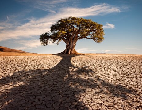 ancient tree resilience legacy concept with large tree casting dramatic shadow on dry landscape
