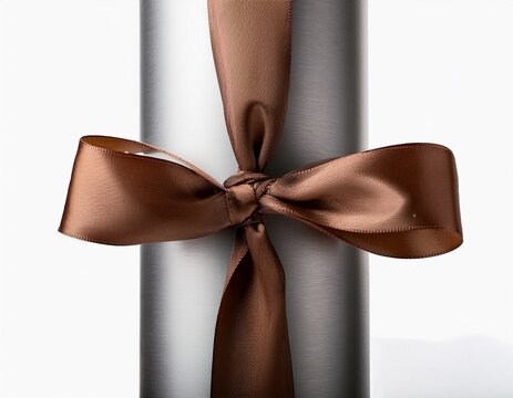brown paper ribbon tied on gray metal tube isolated with white background