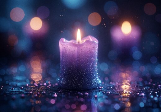 Glowing Purple Candle with Glitter Sparkles and Bokeh Lights Background