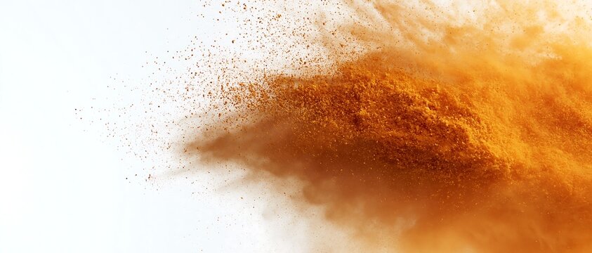 Vibrant orange spice powder explosion burst isolated on pure white background