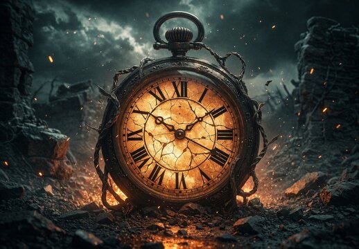 Antique Pocket Watch in Ruined Landscape, Surreal Fantasy Clock Artwork