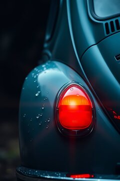Close-up of a vintage teal car's glowing red taillight covered in water droplets