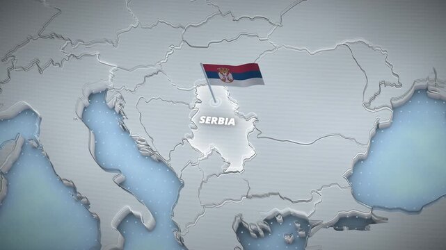 3D map animation highlighting Serbia, Europe with a national flag and glowing borders for a travel and news-style graphic template.
