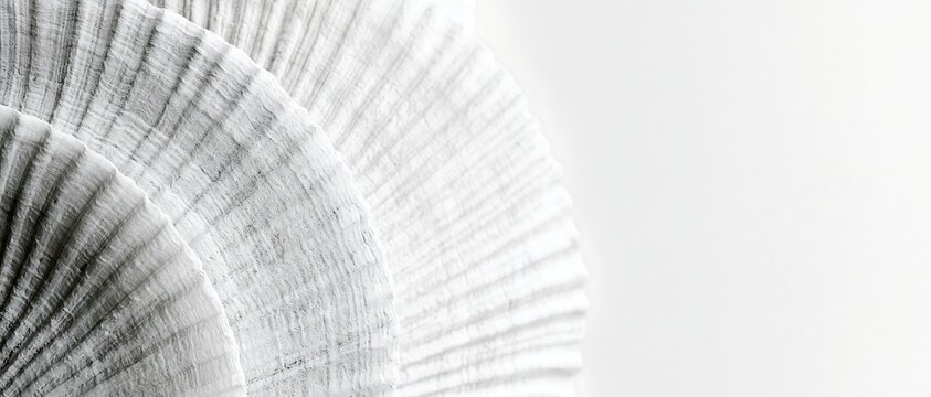 Minimalist black and white macro photo of white scallop shells texture