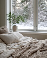 Cozy bedroom interior with linen bed linens and winter forest window view © DesignByGade