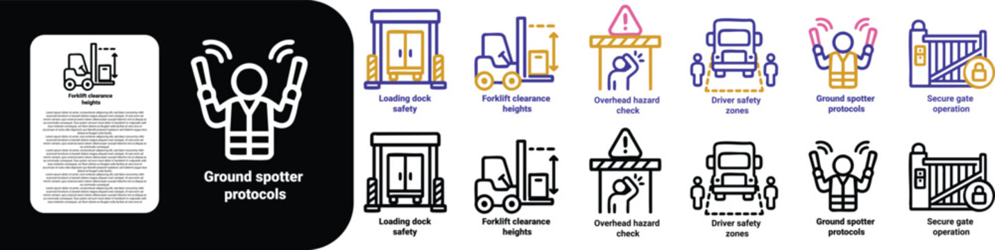 minimal line icon set for transport unloading rule this icons for the following topics, Loading dock safety, Forklift clearance heights , Overhead hazard check , Driver safety zones , Ground spotter p