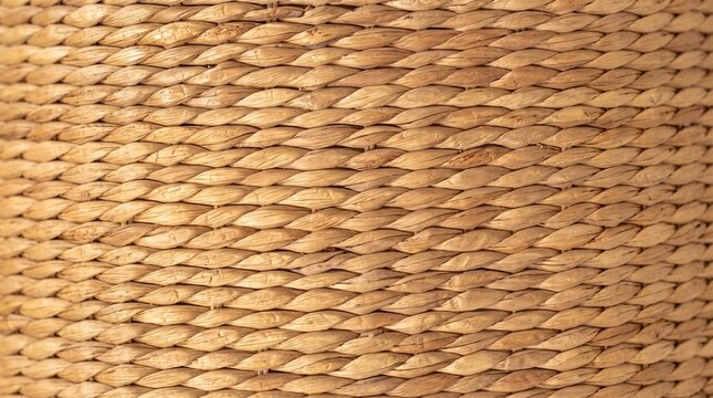 Horizontal close-up photo of a natural water hyacinth woven basket texture background, organic straw braid pattern