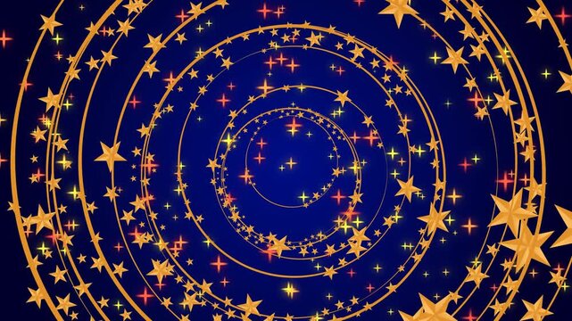 Blue background, gold stars in a circle, shimmering and glints.