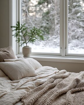 Cozy bedroom interior with linen bed linens and winter forest window view